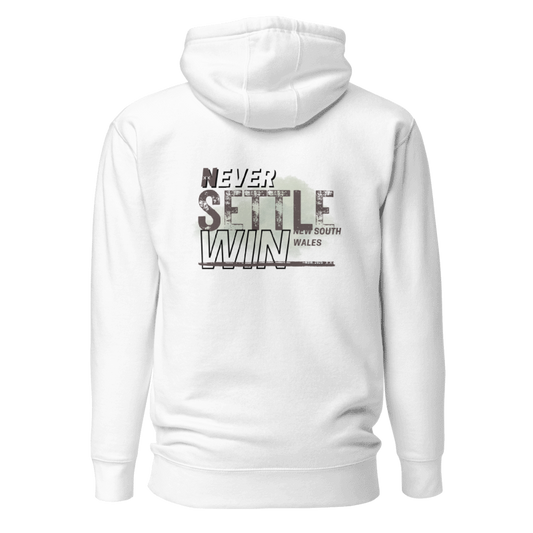 NSW Vibes: Never Settle Win, New South Wales - Unisex Pocket Hoodie - White