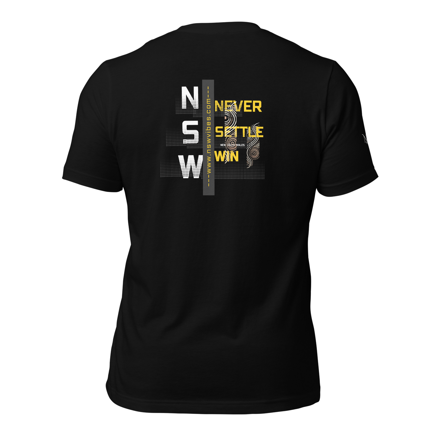 NSW Vibes - Never Settle Win - Aboriginal FCL9 Gold Back Design - Mens T-Shirt - Plain