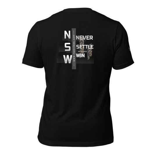 NSW Vibes - Never Settle Win - Aboriginal FCL9 White Back Design - Mens T-Shirt - Right Sleeve Logo